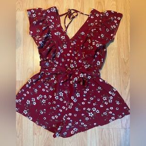 SHEIN Burgundy Floral Ruffle Romper